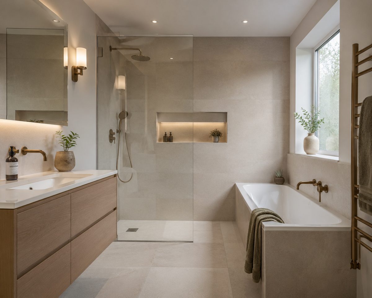 Contemporary bathroom installation with a walk-in wet-room shower, fitted bath and brass fittings
