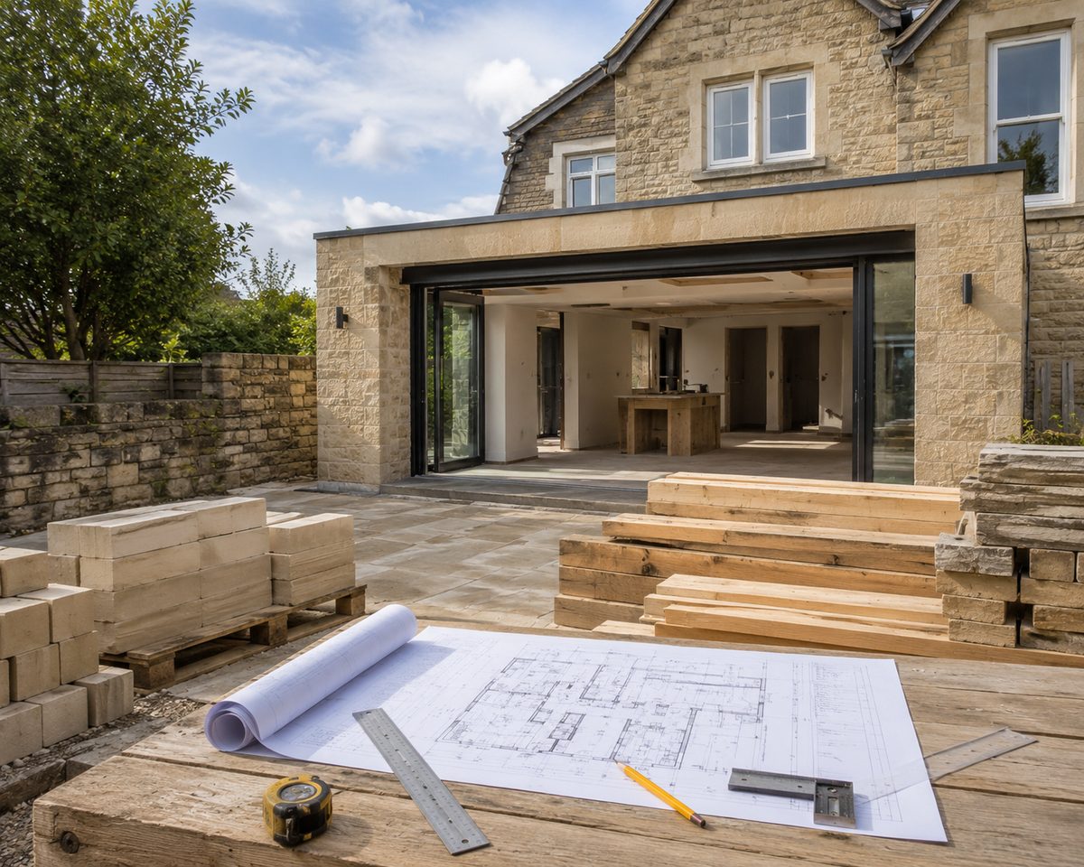A Bath Spa Projects extension under construction, with the architect's plans and dressed stone ready on site