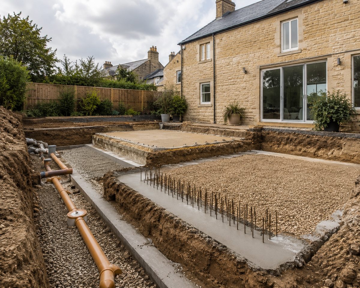 Groundworks in progress showing concrete foundations, steel reinforcement and new drainage runs