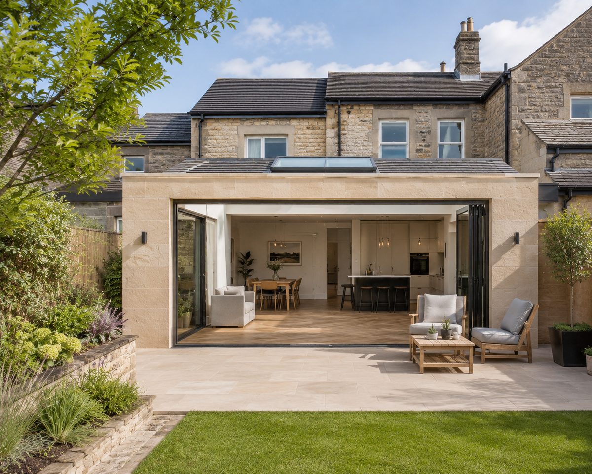 Modern single-storey home extension with bifold doors open onto a landscaped garden
