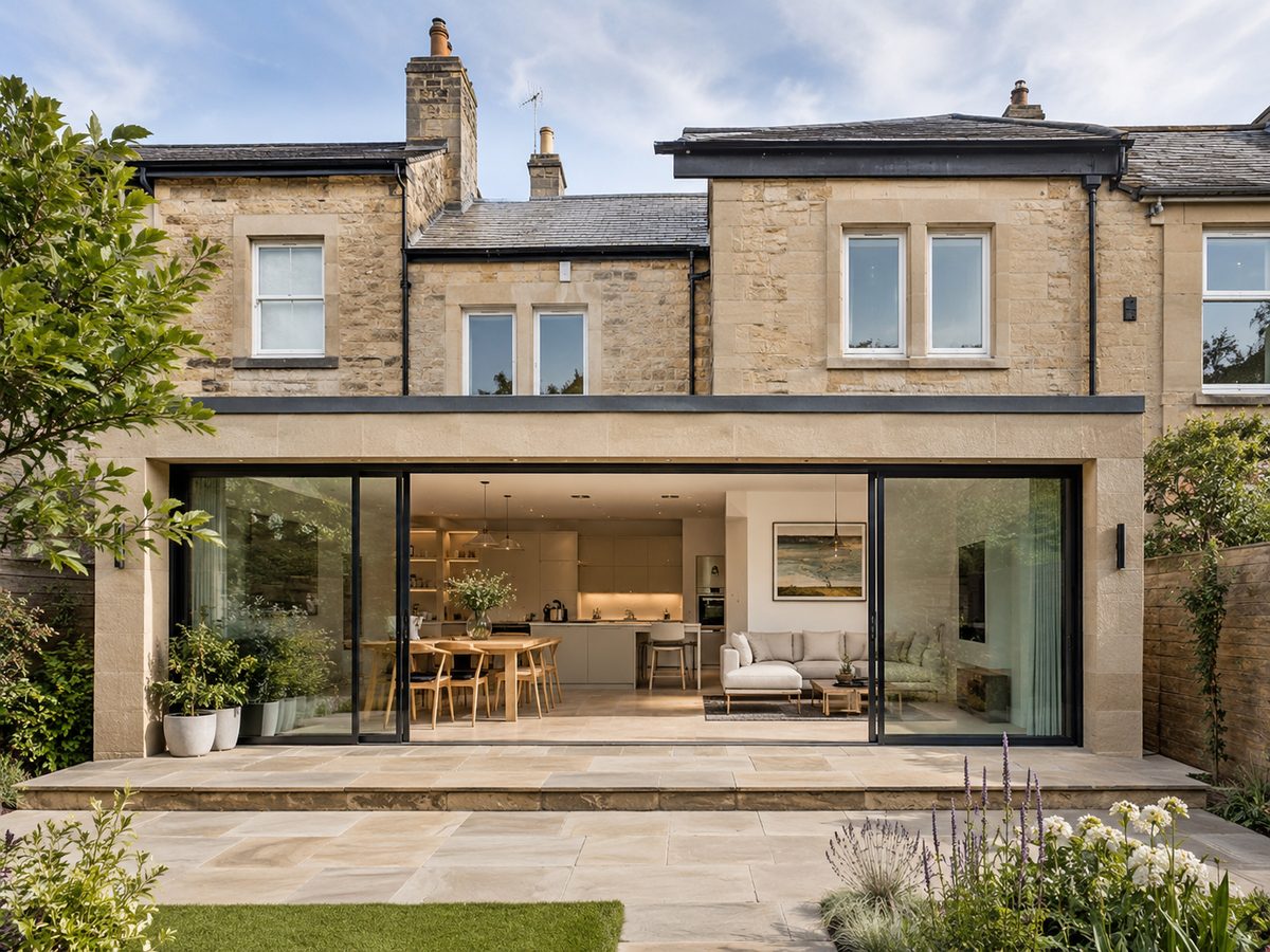 Finished rear extension on a stone terraced home with full-width sliding glass doors onto the garden