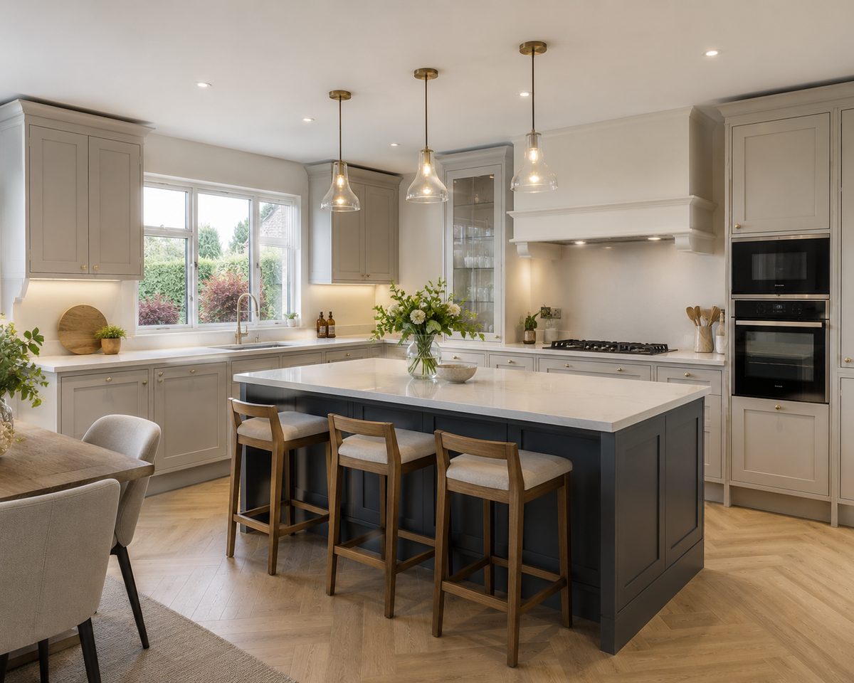 Newly installed shaker kitchen with a deep-blue island, quartz worktops and pendant lighting