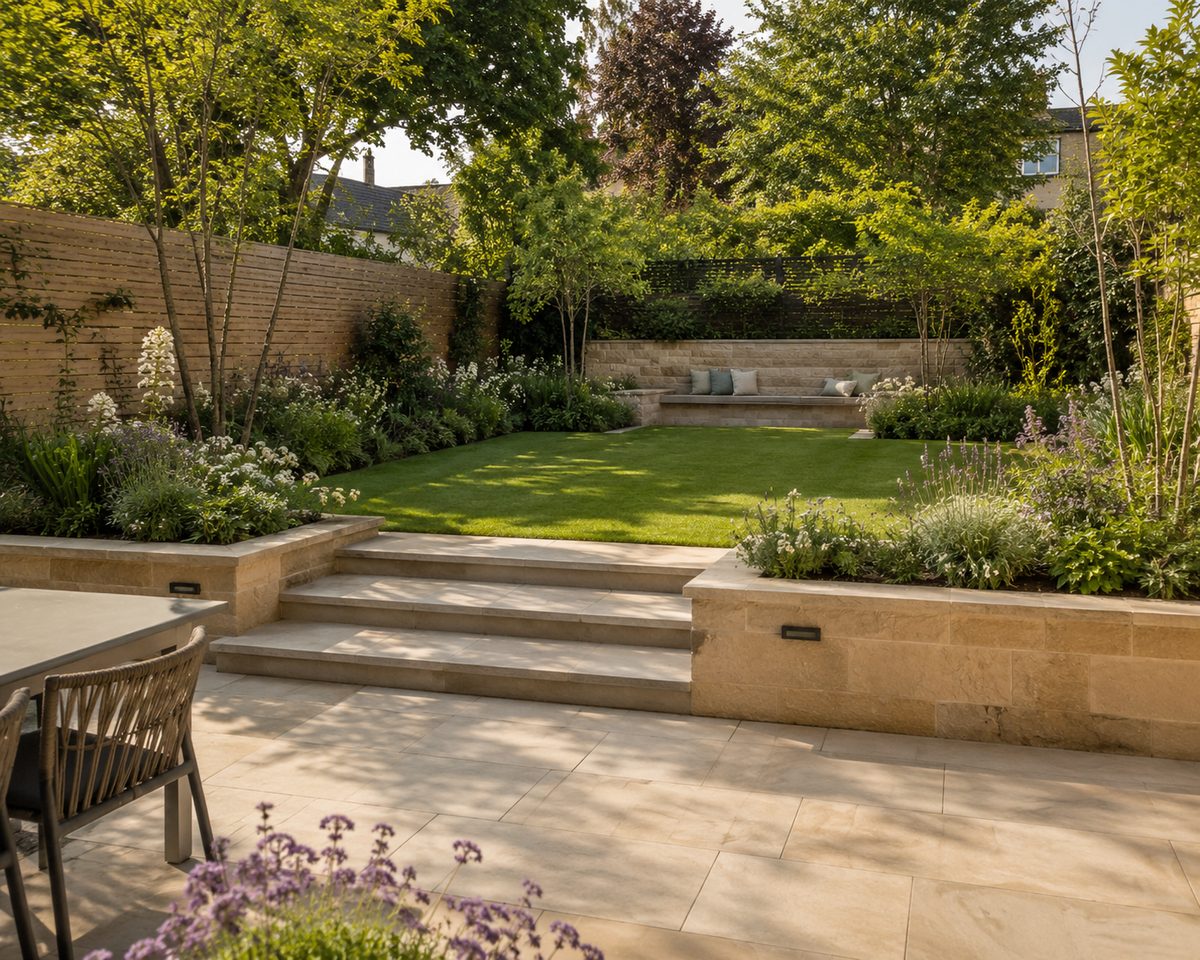 Landscaped garden with sandstone paving, steps, lawn and built-in stone bench seating