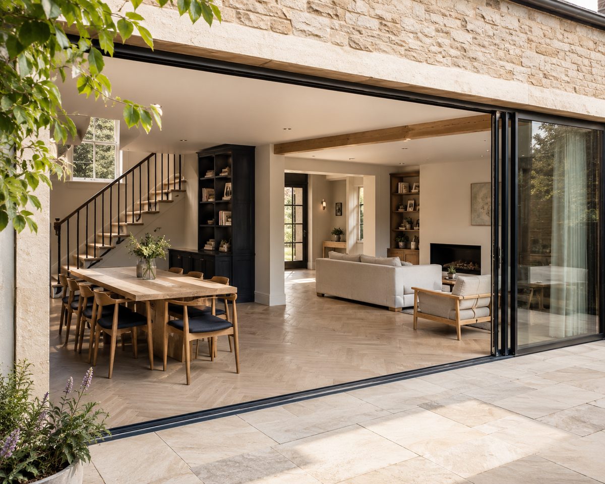 Open-plan kitchen, dining and living space created in a full home renovation, opening to the garden