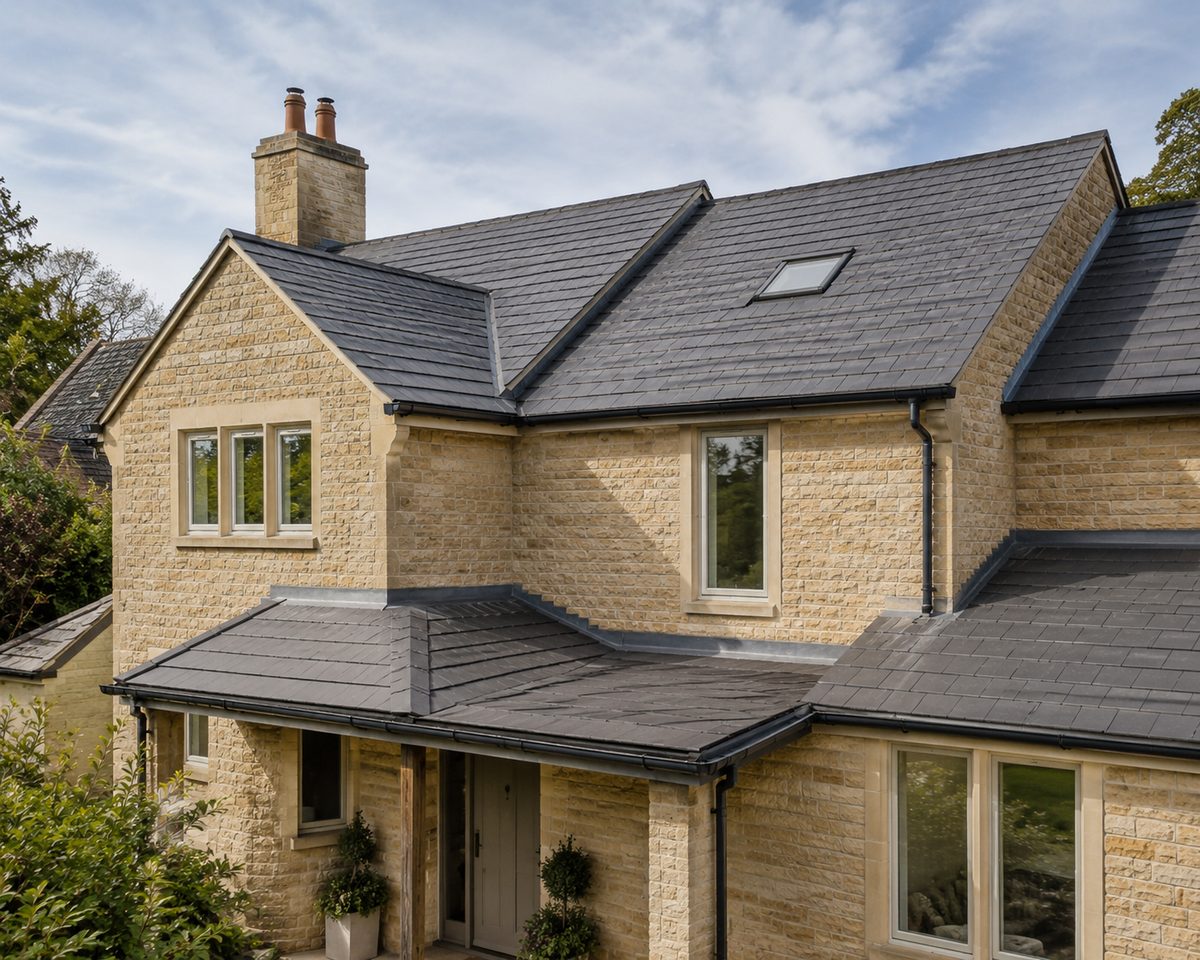 Natural slate roof with crisp ridge and valley detailing on a Bath stone home